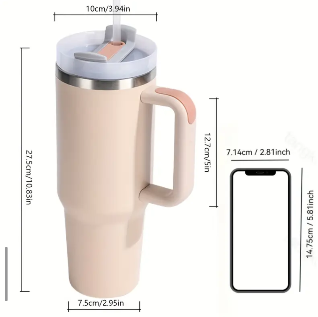 40 Oz Çift Katmanlı Paslanmaz Çelik Termos Bardak - Kulp ve Pipetli
