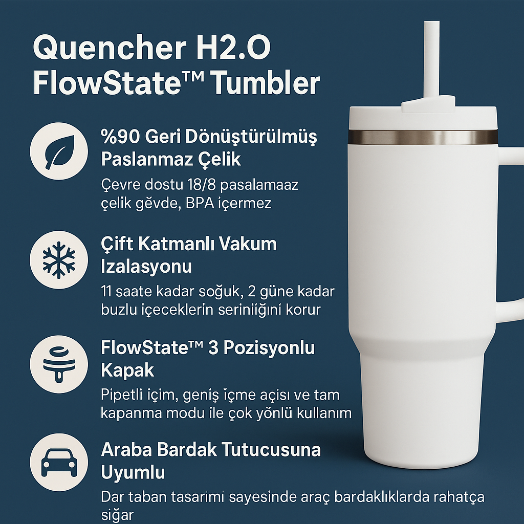 40 Oz Çift Katmanlı Paslanmaz Çelik Termos Bardak - Kulp ve Pipetli