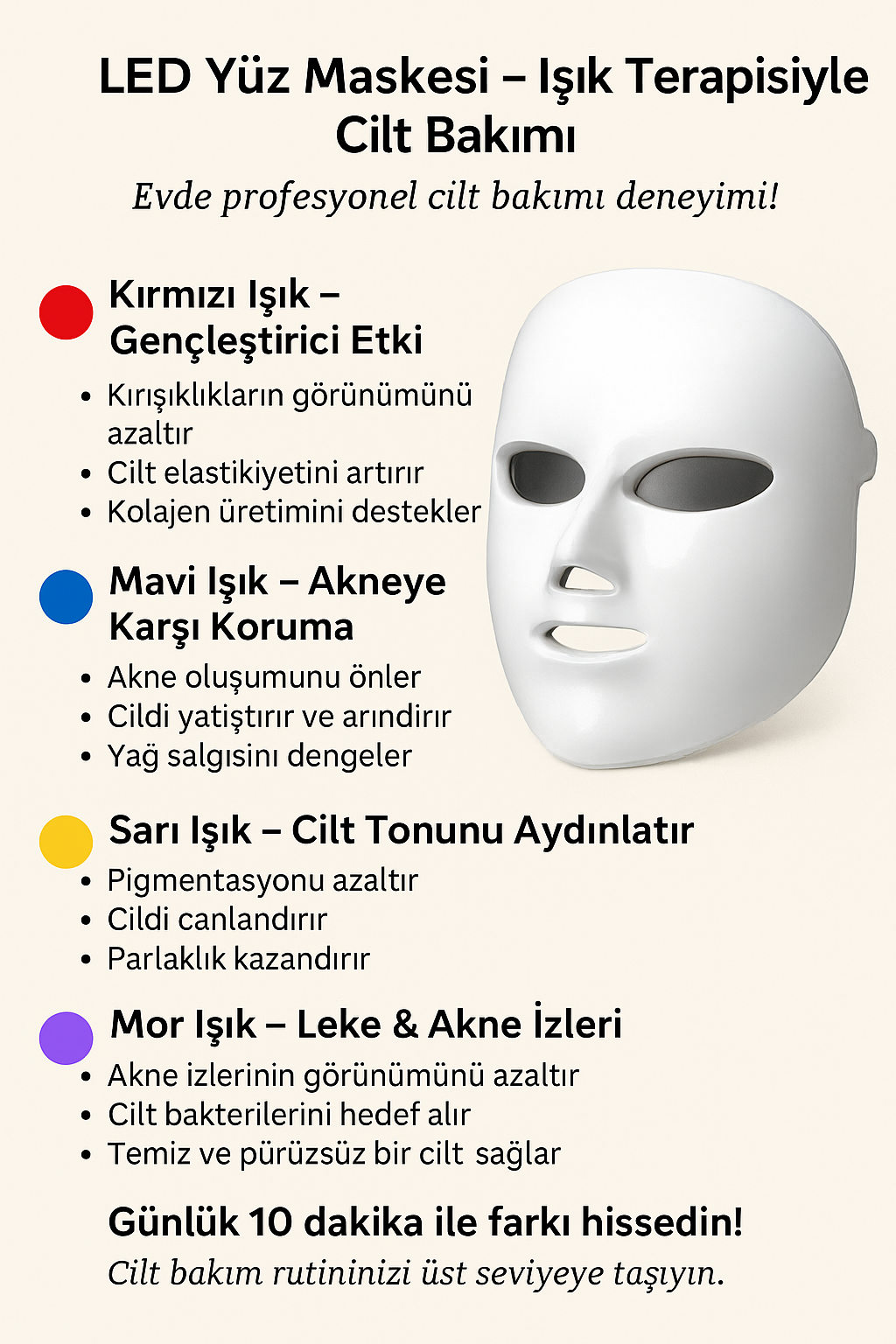 LED Yüz Maskesi – Işık Terapili Cilt Bakım Cihazı | Kırışıklık, Akne, Leke Giderici